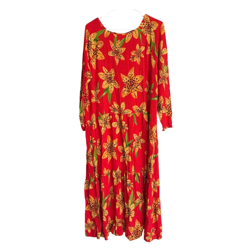 Farm Rio Maxi Dress Womens XL Red Golden Lily Boho Tiered Long Sleeve Viscose - Picture 5 of 10